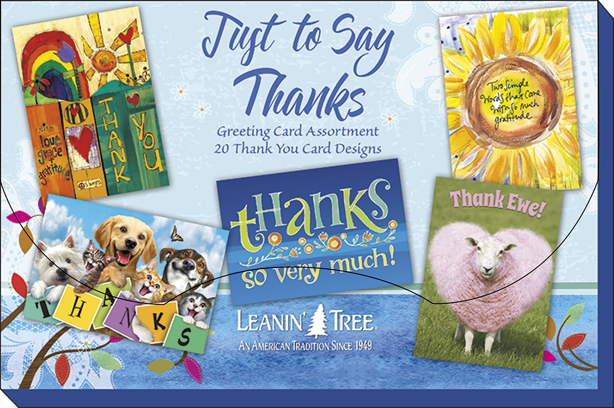 Leanin' Tree 'Just to Say Thanks' greeting card assortment packaging, displaying five distinct thank you card designs: a vibrant watercolor sunflower, a colorful rainbow, playful puppies and kittens, a bold 'Thanks So Very Much' card, and a cute 'Love Ewe' sheep card.