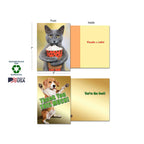 Two thank you cards shown with dimensions (7"x5") and eco-friendly features: sustainably-sourced paper, soy-based inks, and Made in USA. One card features a grey cat holding popcorn with 'Thanks a latte!' inside; the other shows a beagle dog with 'Thank You This Much!' and 'You're the Best!' inside.
