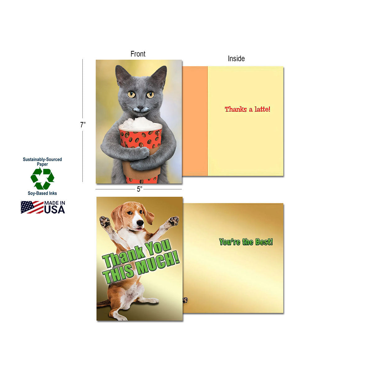 Two thank you cards shown with dimensions (7"x5") and eco-friendly features: sustainably-sourced paper, soy-based inks, and Made in USA. One card features a grey cat holding popcorn with 'Thanks a latte!' inside; the other shows a beagle dog with 'Thank You This Much!' and 'You're the Best!' inside.