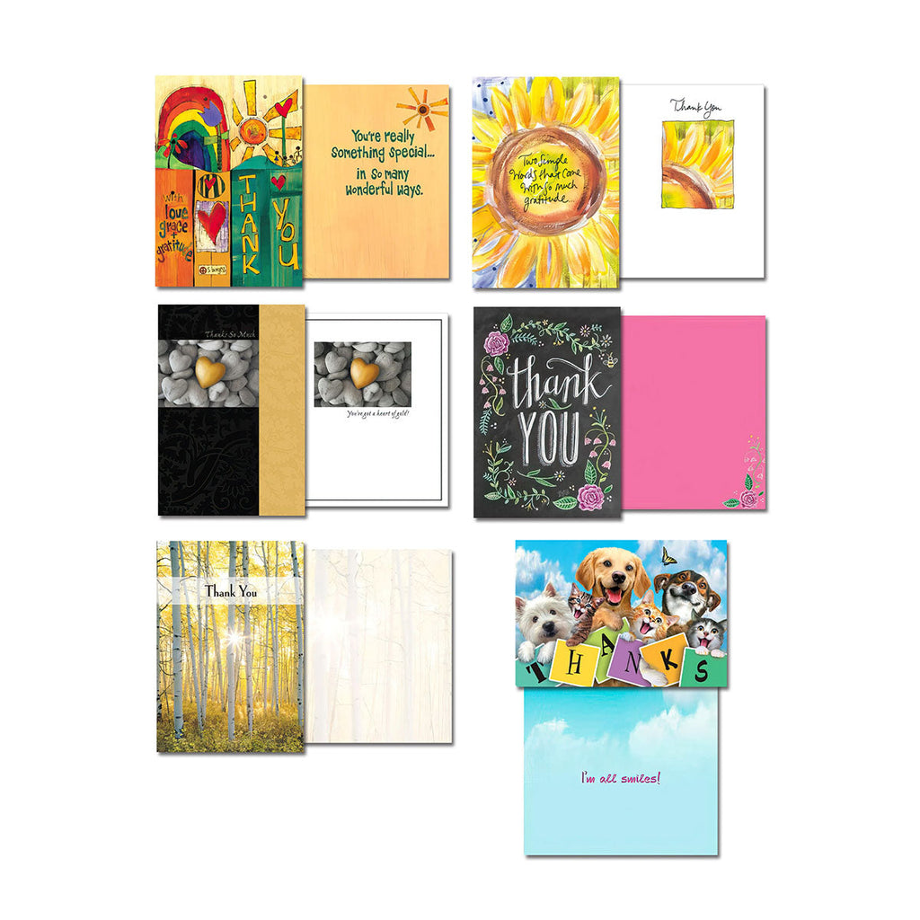A selection of five thank you greeting cards, each shown front and open to reveal the inside message. Designs include a rainbow illustration, a sunflower, a heart-shaped stone, a chalkboard style 'Thank You' with flowers, and a serene birch tree forest scene.
