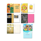 A selection of five thank you greeting cards, each shown front and open to reveal the inside message. Designs include a rainbow illustration, a sunflower, a heart-shaped stone, a chalkboard style 'Thank You' with flowers, and a serene birch tree forest scene.