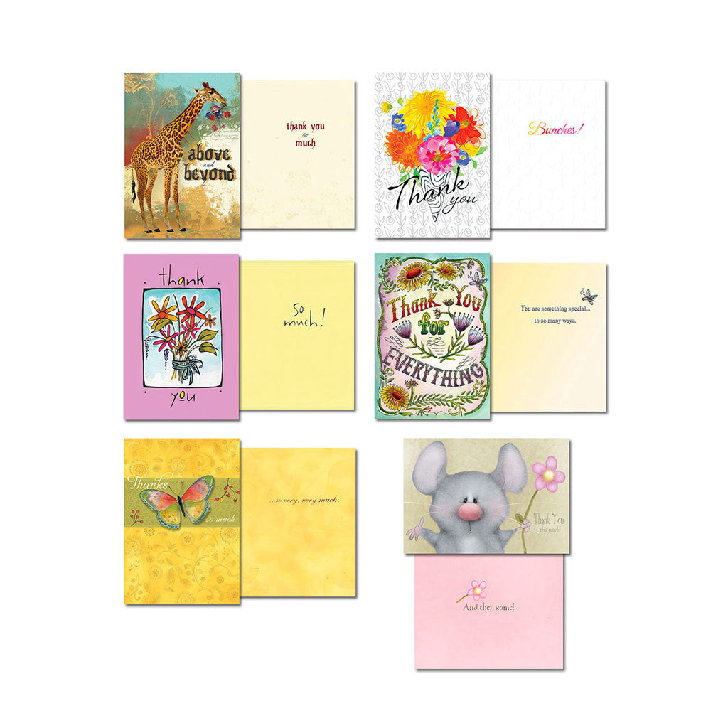 A selection of five thank you greeting cards, each shown front and open to reveal the inside message. Designs include a giraffe with 'above & beyond', a colorful floral bouquet, a potted plant with 'thank you', a 'Thank You for EVERYTHING' card, and vibrant butterflies.