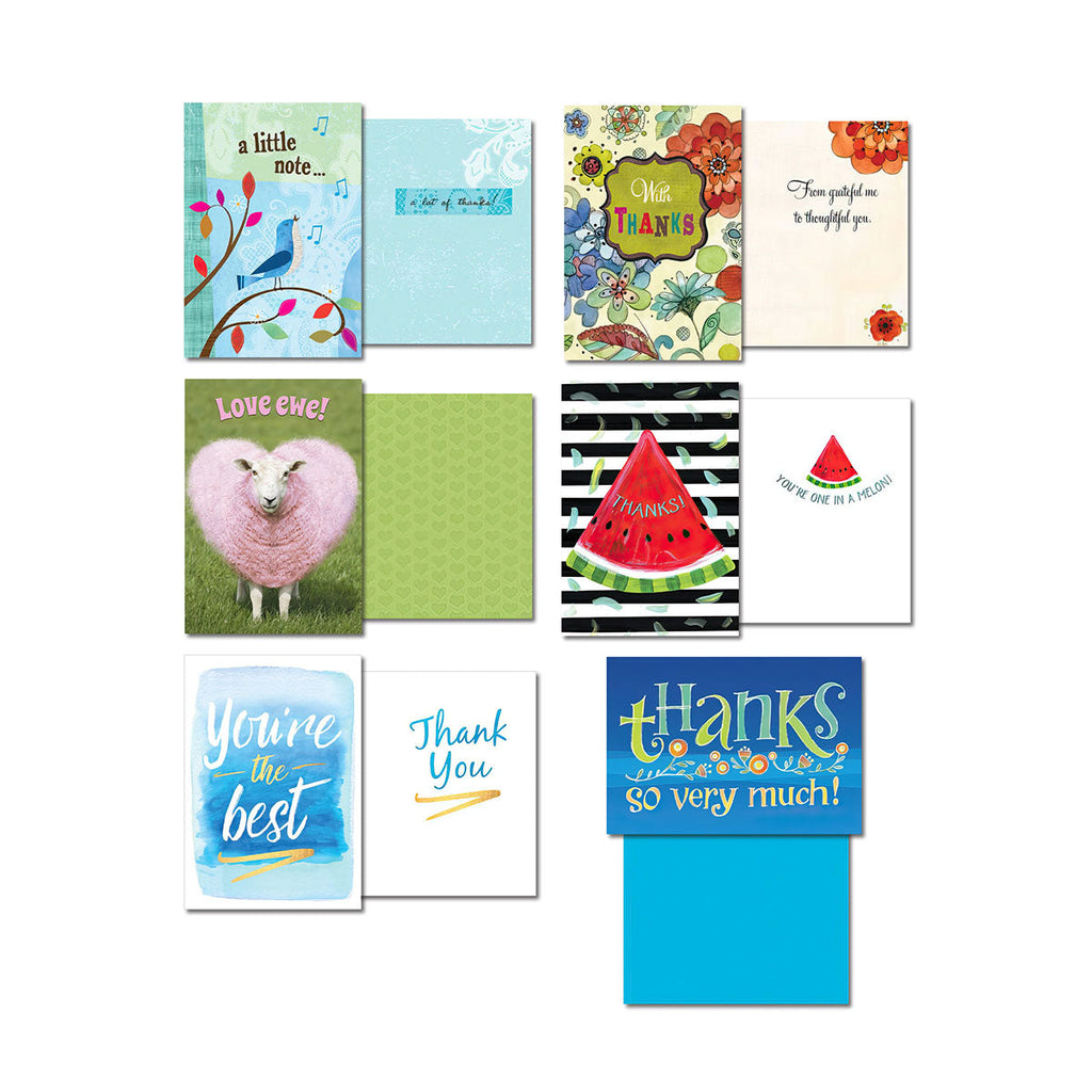 A selection of five thank you greeting cards, each shown front and open to reveal the inside message. Designs include a blue bird on a branch, a 'With Thanks' floral card, a 'Love Ewe' sheep, a watermelon slice with 'Thanks!', 'You're the Best' text, and a bold 'Thanks So Very Much!'.