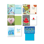 A selection of five thank you greeting cards, each shown front and open to reveal the inside message. Designs include a blue bird on a branch, a 'With Thanks' floral card, a 'Love Ewe' sheep, a watermelon slice with 'Thanks!', 'You're the Best' text, and a bold 'Thanks So Very Much!'.