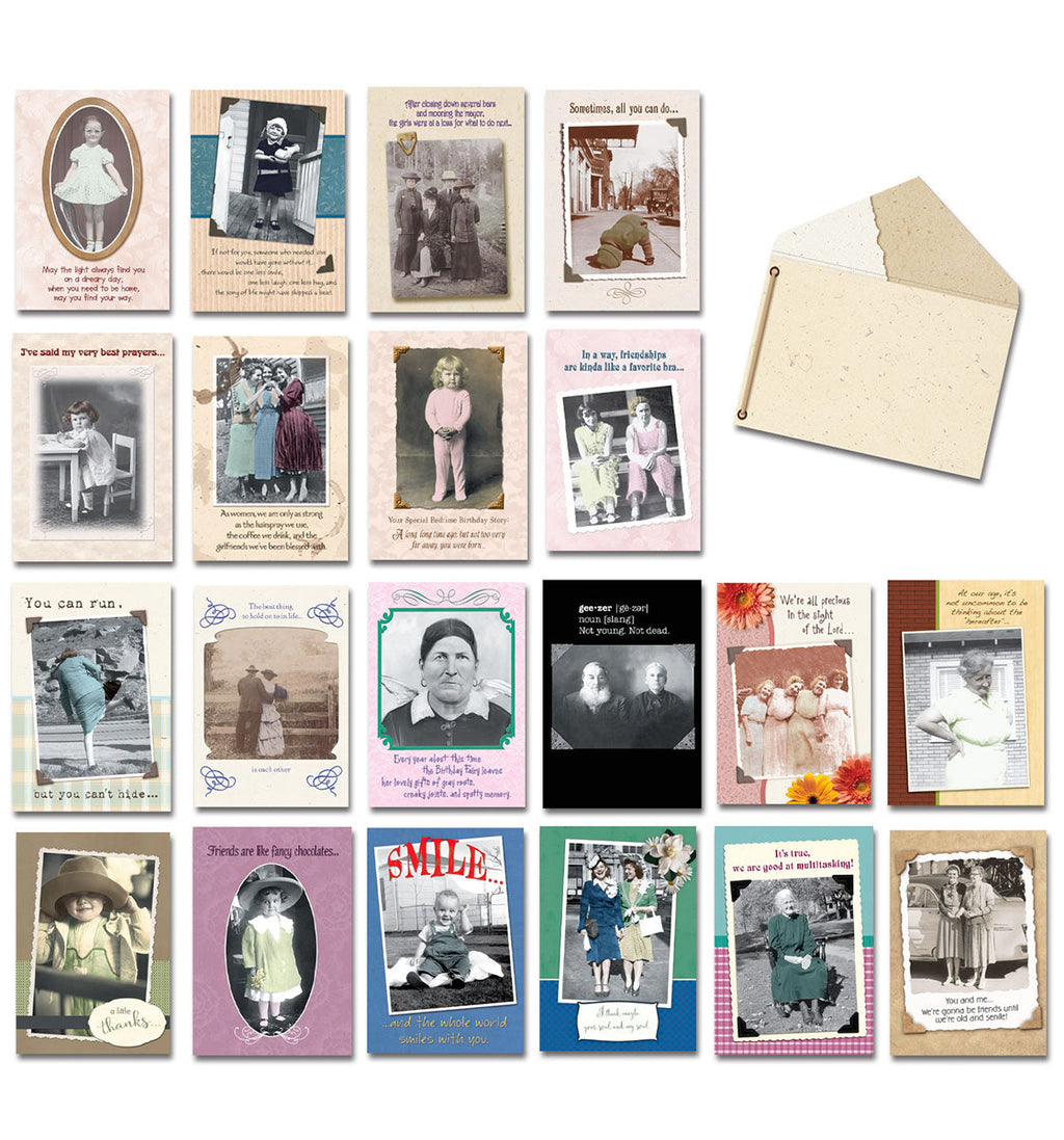 Vintage style greeting card assortment with various individual cards featuring old photos and an open craft paper envelope on a white background.