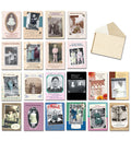 Vintage style greeting card assortment with various individual cards featuring old photos and an open craft paper envelope on a white background.