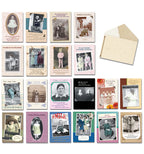 Vintage style greeting card assortment with various individual cards featuring old photos and an open craft paper envelope on a white background.