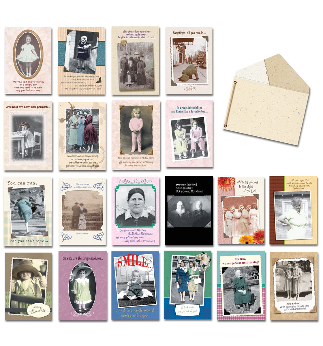 Vintage style greeting card assortment with various individual cards featuring old photos and an open craft paper envelope on a white background.