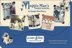 The 'Maggie Mae's Family Album' by Leanin' Tree greeting card assortment box, showcasing vintage photos and a blue plaid design with white flowers.