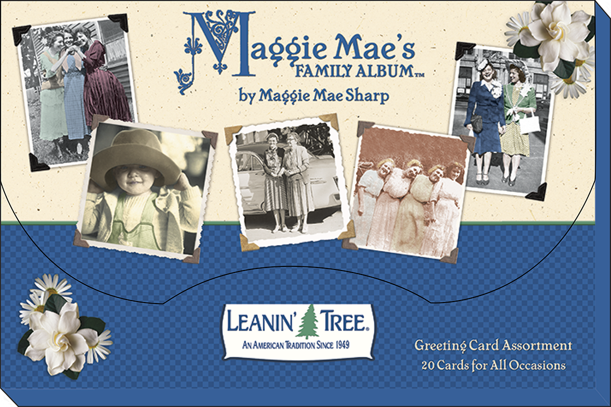 Back of Maggie Mae's Family Album greeting card assortment box by Leanin' Tree, showing various vintage photos and text '20 Cards for All Occasions'.