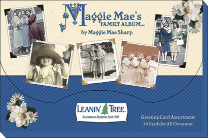 Back of Maggie Mae's Family Album greeting card assortment box by Leanin' Tree, showing various vintage photos and text '20 Cards for All Occasions'.