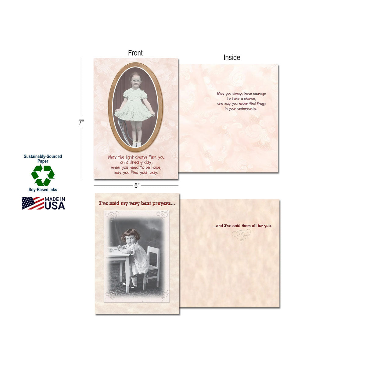 Two Maggie Mae's greeting cards: one with a young girl in a dress and text 'May the light always find you', and another with a praying child.