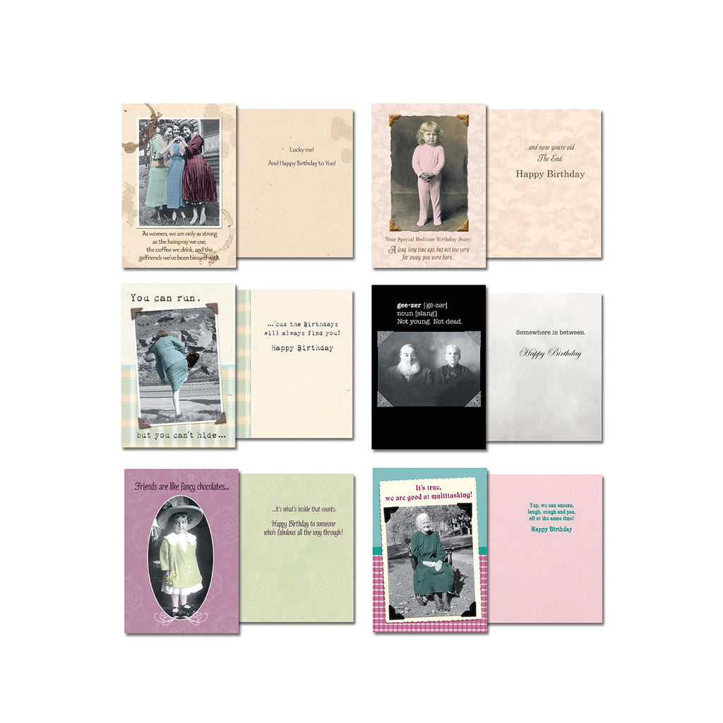 Top row of an open vintage greeting card assortment, displaying humorous and nostalgic messages on cards featuring various classic photographs, like women socializing and a child playing.