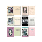 Top row of an open vintage greeting card assortment, displaying humorous and nostalgic messages on cards featuring various classic photographs, like women socializing and a child playing.