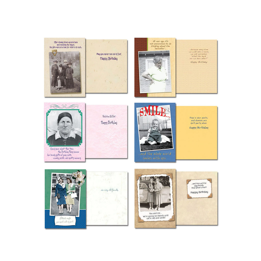 Middle row of an open vintage greeting card assortment, featuring various classic photographs and witty sentiments, including images of couples, a man and woman, and a baby.