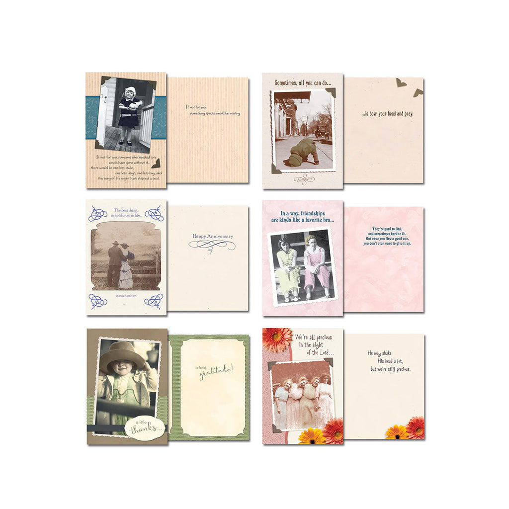 Bottom row of a vintage photo greeting card assortment with diverse designs and thoughtful messages for different occasions, including images of groups of women and a child in a hat.