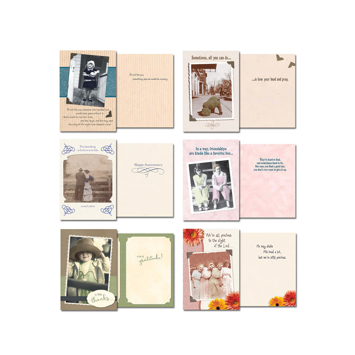 Set of Maggie Mae's cards, including designs for anniversary, gratitude, and general humor, all featuring vintage photographs.