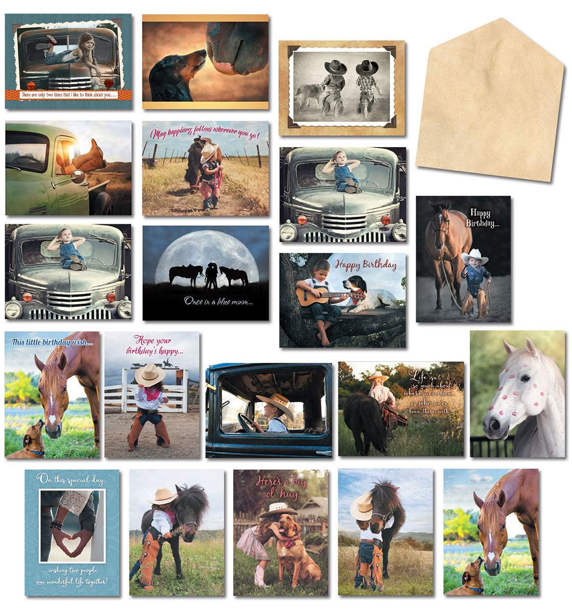 Assortment of Country Charm themed greeting cards featuring children, horses, dogs, and vintage trucks, with a blank envelope.