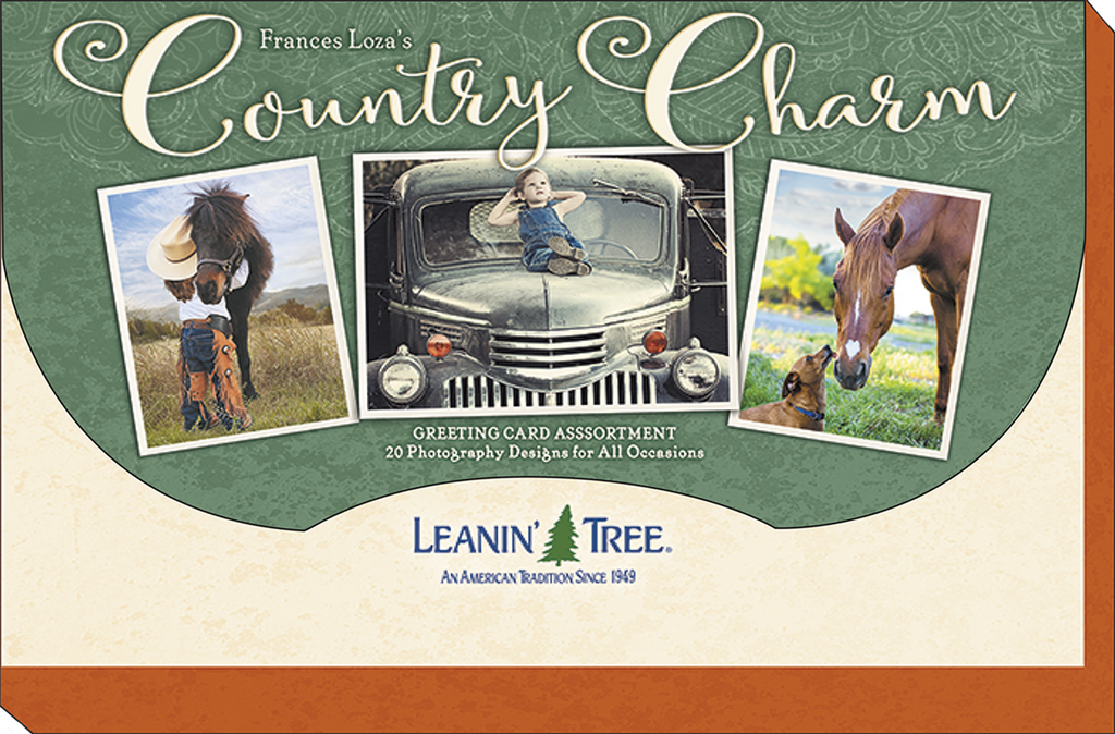 Frances Loza's Country Charm greeting card assortment box, showing a child with a pony, a child on a vintage truck, and a horse with a dog.