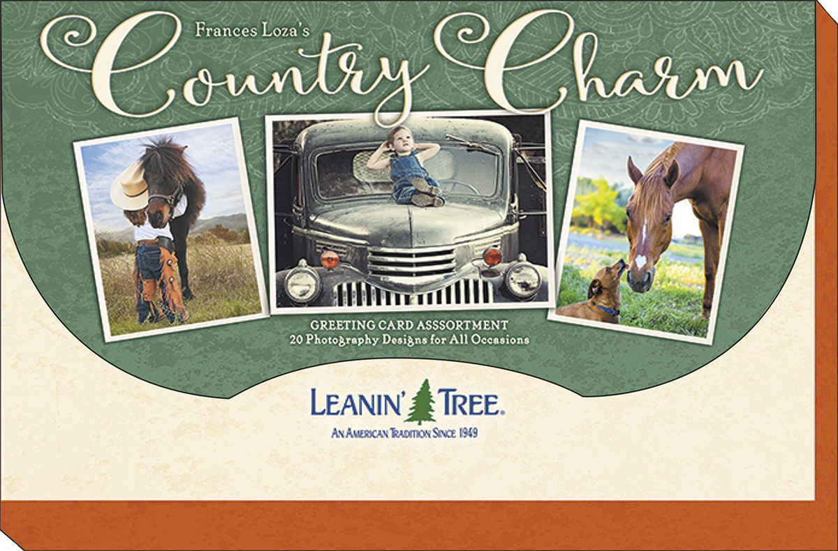 Frances Loza's Country Charm greeting card assortment box, showing a child with a pony, a child on a vintage truck, and a horse with a dog.