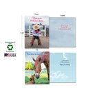 Two open greeting cards from the Country Charm collection, showing a child in cowboy attire and a horse with a dog. Displays card dimensions, 'Made in USA' and 'Sustainably-Sourced Paper' logos.