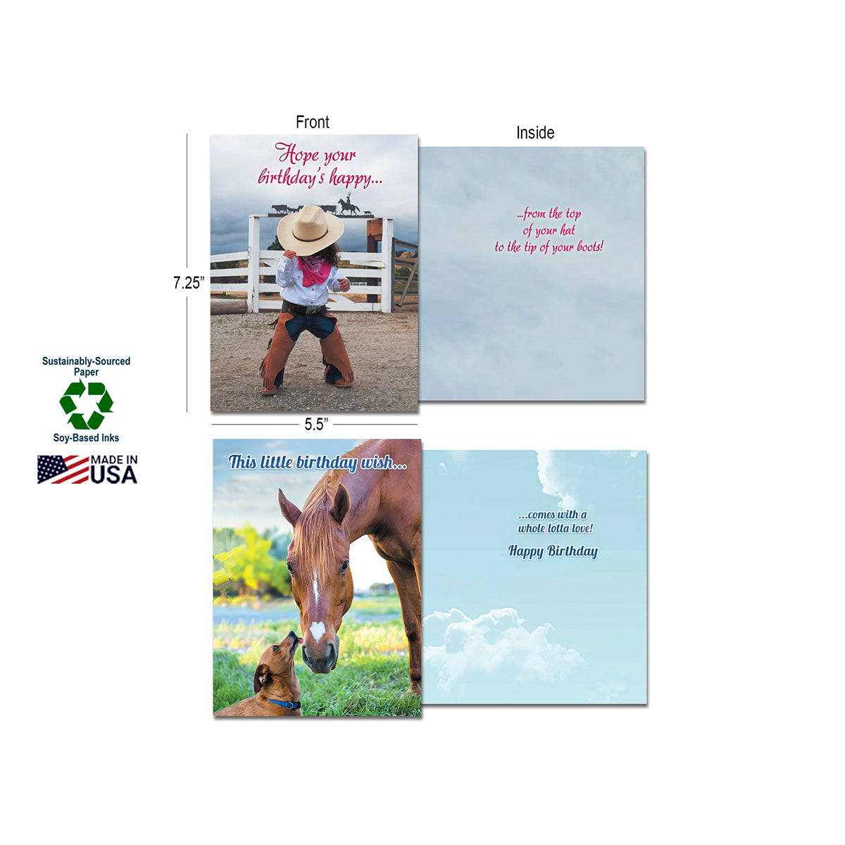 Two open greeting cards from the Country Charm collection, showing a child in cowboy attire and a horse with a dog. Displays card dimensions, 'Made in USA' and 'Sustainably-Sourced Paper' logos.