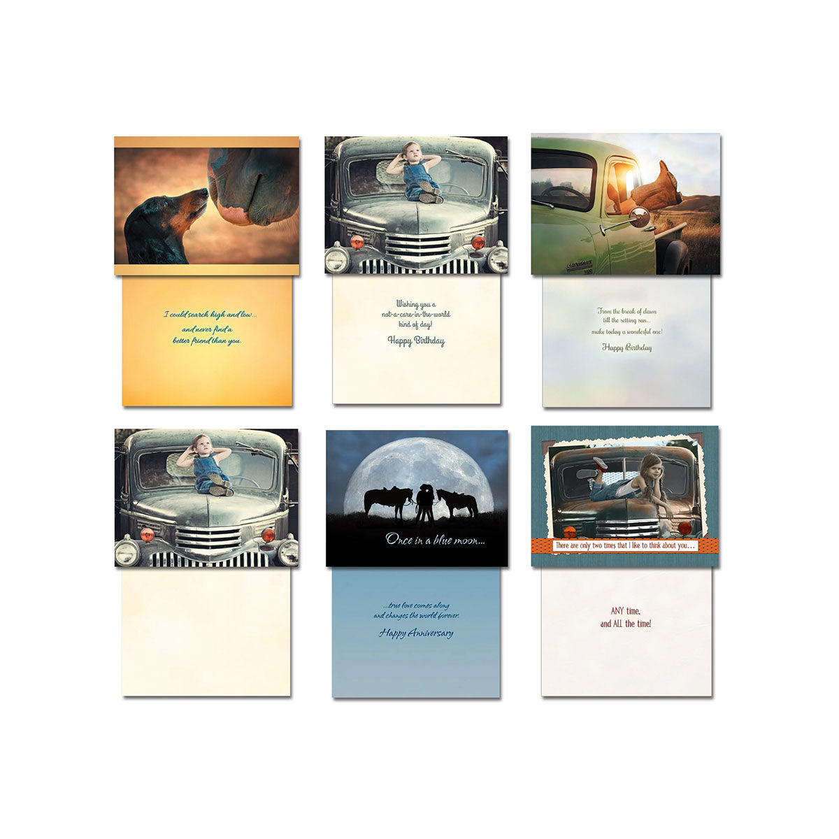 Nine different Country Charm greeting card designs, open to show the front photography and internal messages, including scenes with dogs, vintage trucks, children, and horses.