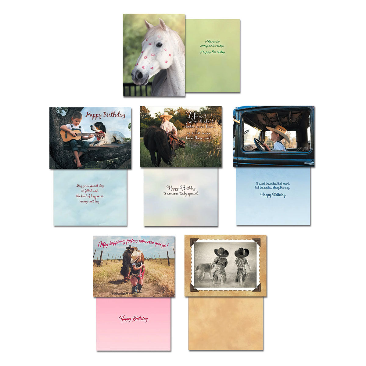 Nine diverse Country Charm greeting card designs, open to reveal the front images of horses, children playing guitar, and various country scenes, along with their inside sentiments.