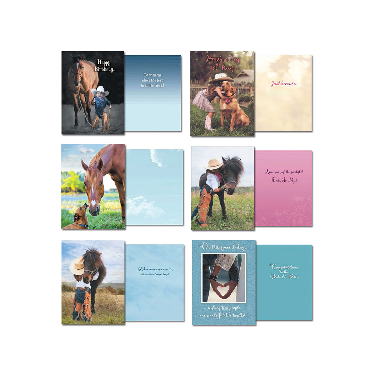 Nine unique Country Charm greeting cards, displayed open to showcase their heartwarming photographs of children with horses and dogs, plus their thoughtful internal messages.