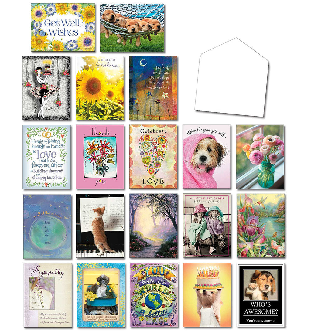 Complete overview of the Leanin' Tree Greeting Goodies Galore 20-card assortment, showcasing various designs including puppies, sunflowers, and whimsical art, with a blank envelope.