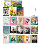 Complete overview of the Leanin' Tree Greeting Goodies Galore 20-card assortment, showcasing various designs including puppies, sunflowers, and whimsical art, with a blank envelope.