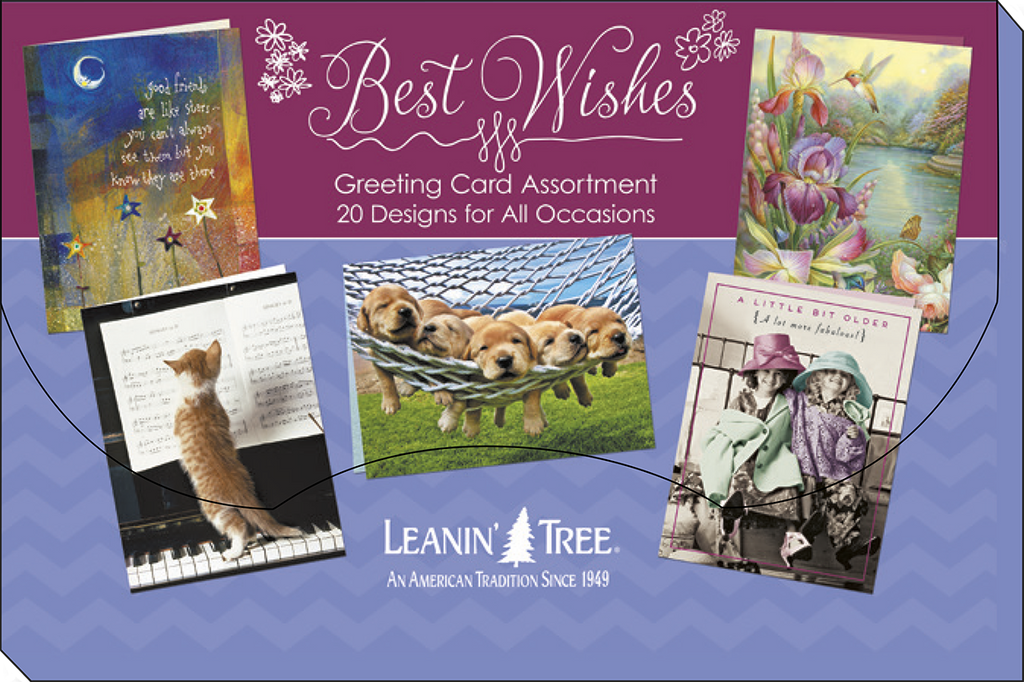 Promotional image for Leanin' Tree Best Wishes Greeting Card Assortment, featuring a cat on a piano, puppies in a hammock, and elegant ladies, with brand logo and '20 Designs for All Occasions' text.