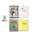 Detailed view of two greeting cards: one with a woman holding a cake, another with 'You Make the World a Better Place' globe design. Shows front, inside messages, dimensions (5.5" x 7.25"), and eco-labels: 'Sustainably-Sourced Paper', 'Soy-Based Inks', 'Made in USA'.