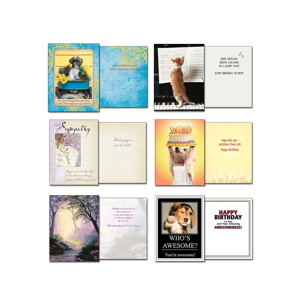 Selection of Leanin' Tree greeting card interiors and exteriors, including designs for sympathy, birthday, and thinking of you, featuring images of a puppy with flowers, a cat on a piano, a forest scene, and a dog wearing a chef's hat.