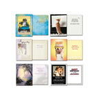 Selection of Leanin' Tree greeting card interiors and exteriors, including designs for sympathy, birthday, and thinking of you, featuring images of a puppy with flowers, a cat on a piano, a forest scene, and a dog wearing a chef's hat.