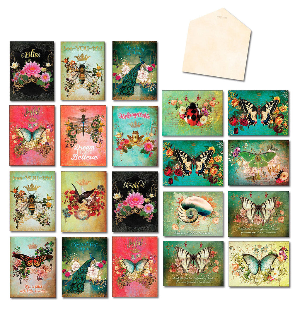 Vibrant 20-count greeting card assortment box, featuring vintage-inspired floral, butterfly, bee, and peacock designs for all occasions, accompanied by a single blank envelope on a white background.