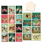 Vibrant 20-count greeting card assortment box, featuring vintage-inspired floral, butterfly, bee, and peacock designs for all occasions, accompanied by a single blank envelope on a white background.