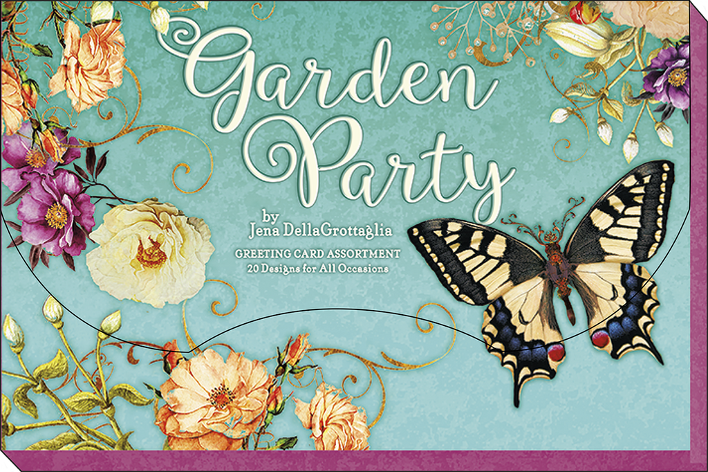 Close-up of the 'Garden Party' greeting card assortment cover, showcasing a large yellow swallowtail butterfly, rich turquoise background, pink and orange flowers, and elegant script typography.