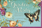 Close-up of the 'Garden Party' greeting card assortment cover, showcasing a large yellow swallowtail butterfly, rich turquoise background, pink and orange flowers, and elegant script typography.