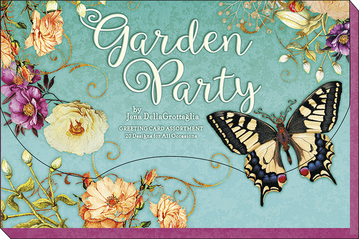 Close-up of the 'Garden Party' greeting card assortment cover, showcasing a large yellow swallowtail butterfly, rich turquoise background, pink and orange flowers, and elegant script typography.