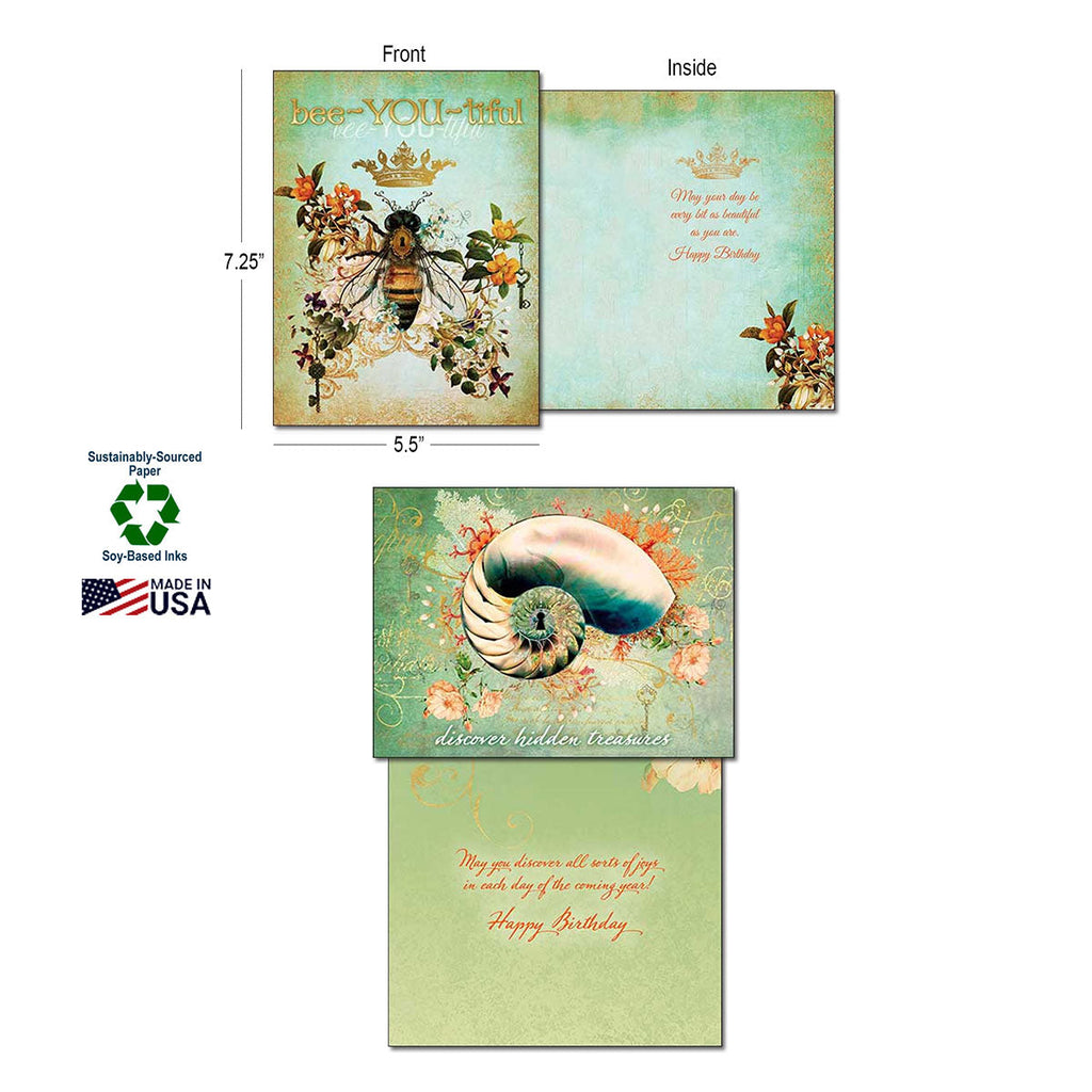 Detailed view of two greeting cards: 'bee-YOU-tiful' bee card with dimensions 7.25x5.5 inches, front and inside, alongside a 'discover hidden treasures' seashell card, highlighting sustainably-sourced paper, soy-based inks, and Made in USA quality.