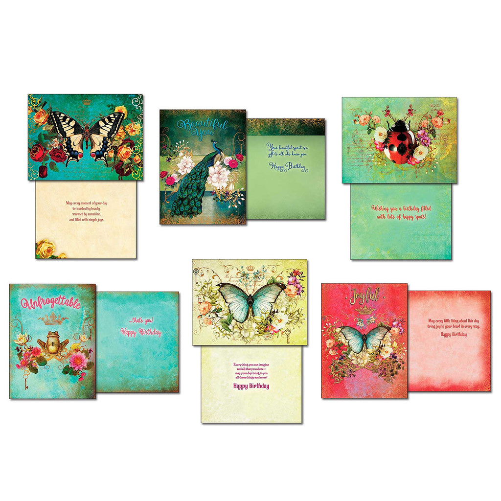 Collage showcasing multiple 'Garden Party' greeting cards, open to reveal blank interiors, featuring various designs including butterflies, peacocks, and ladybugs with messages like 'Beautiful You,' 'Unforgettable,' and 'Joyful' in a vintage style.