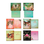 Assortment of 'Garden Party' greeting card fronts and open interiors, displaying intricate illustrations of dragonflies, birds, and butterflies with sentiments such as 'Dream Hope Believe,' 'Thinking of You,' 'Happy Anniversary,' and 'Thankful' on decorative backgrounds.