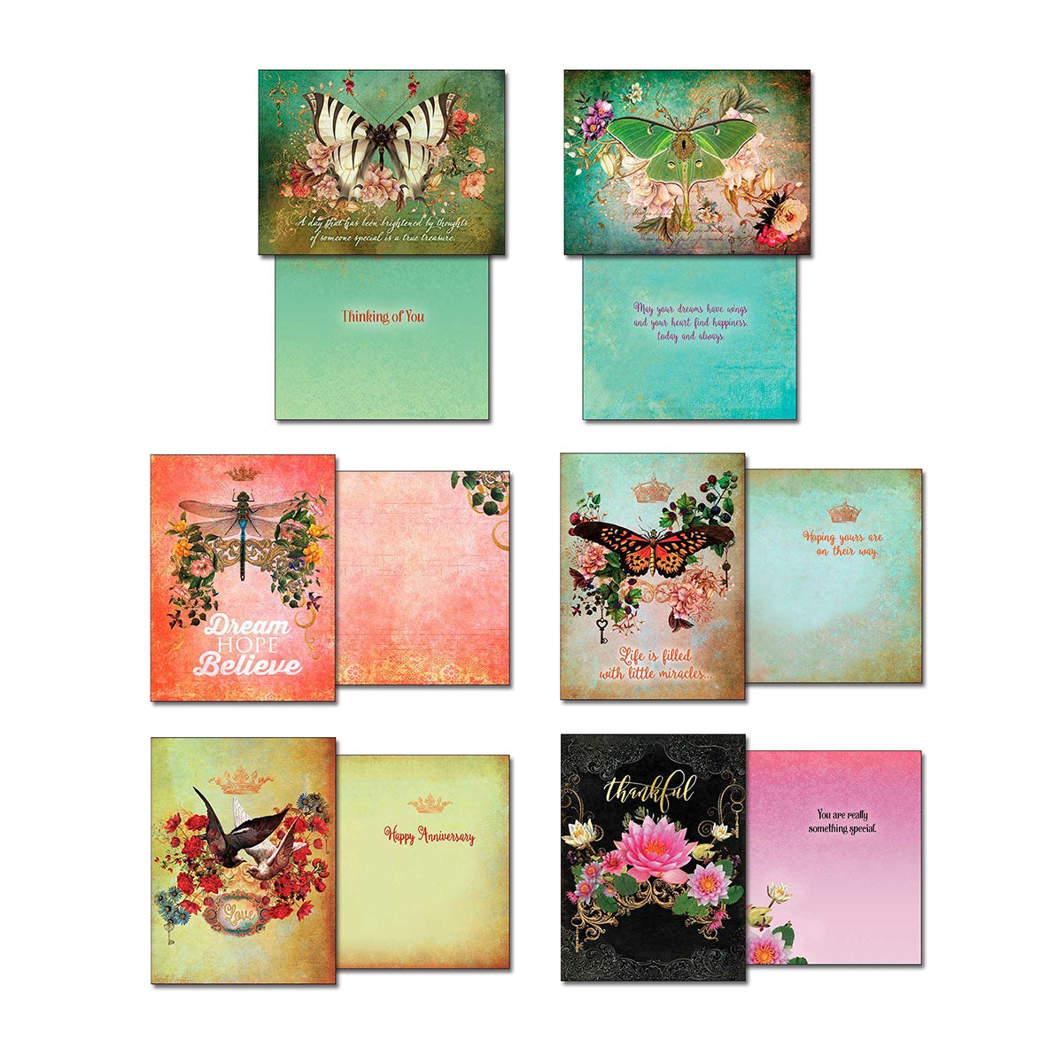Assortment of 'Garden Party' greeting card fronts and open interiors, displaying intricate illustrations of dragonflies, birds, and butterflies with sentiments such as 'Dream Hope Believe,' 'Thinking of You,' 'Happy Anniversary,' and 'Thankful' on decorative backgrounds.