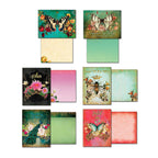 Selection of 'Garden Party' greeting cards, showing both front designs and blank insides, with themes including 'Bliss,' 'bee-YOU-tiful' with a bee, a peacock, and 'Joyful' with a butterfly, all in a cohesive floral and nature-inspired art style.