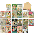 A diverse assortment of 20 unique, artistic greeting cards featuring whimsical illustrations of women, nature motifs, and uplifting messages like 'Your Kindness Matters' and 'You are a Gift to the World', accompanied by a single kraft brown envelope. The cards display a variety of styles, including mixed media, watercolor, and collage elements, perfect for sending thoughtful and encouraging sentiments.