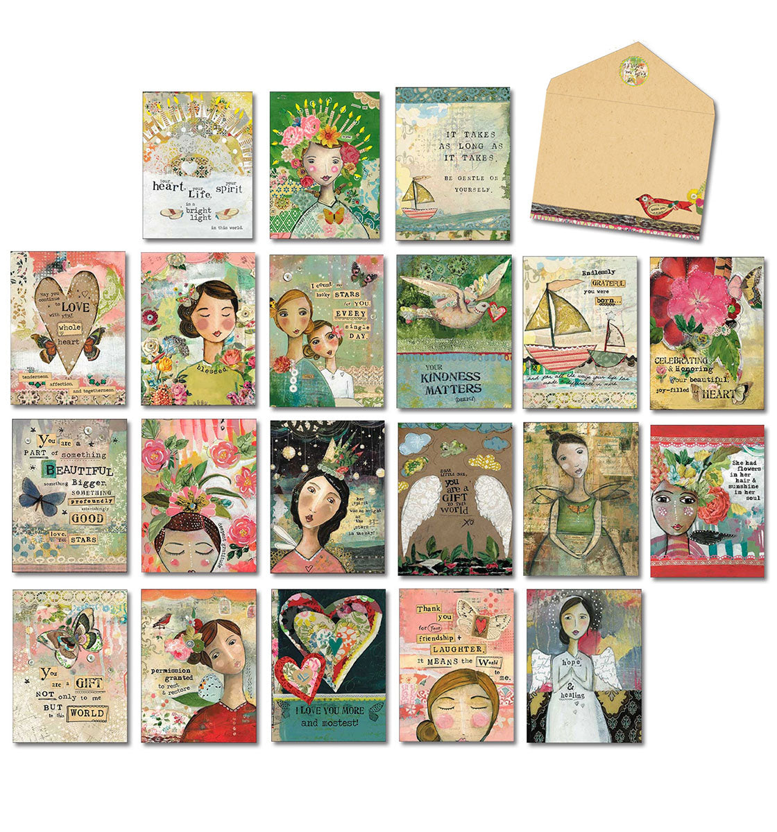 A diverse assortment of 20 unique, artistic greeting cards featuring whimsical illustrations of women, nature motifs, and uplifting messages like 'Your Kindness Matters' and 'You are a Gift to the World', accompanied by a single kraft brown envelope. The cards display a variety of styles, including mixed media, watercolor, and collage elements, perfect for sending thoughtful and encouraging sentiments.