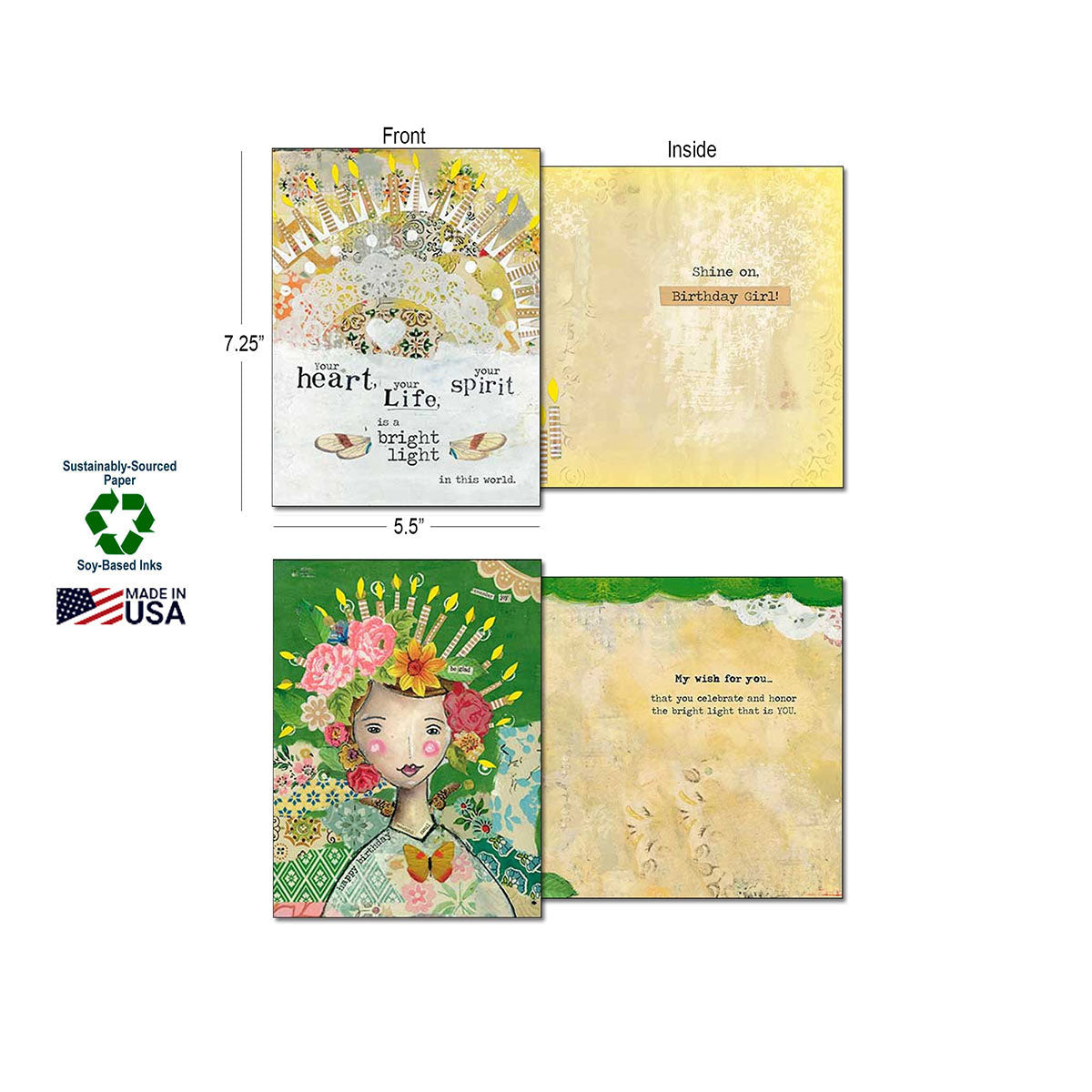 Two Kelly Rae Roberts cards showing front and inside messages, showcasing detailed artwork and empowering sentiments. Dimensions 7.25" x 5.5", with sustainability symbols for Made in USA, Soy-Based Inks, and Sustainably-Sourced Paper.