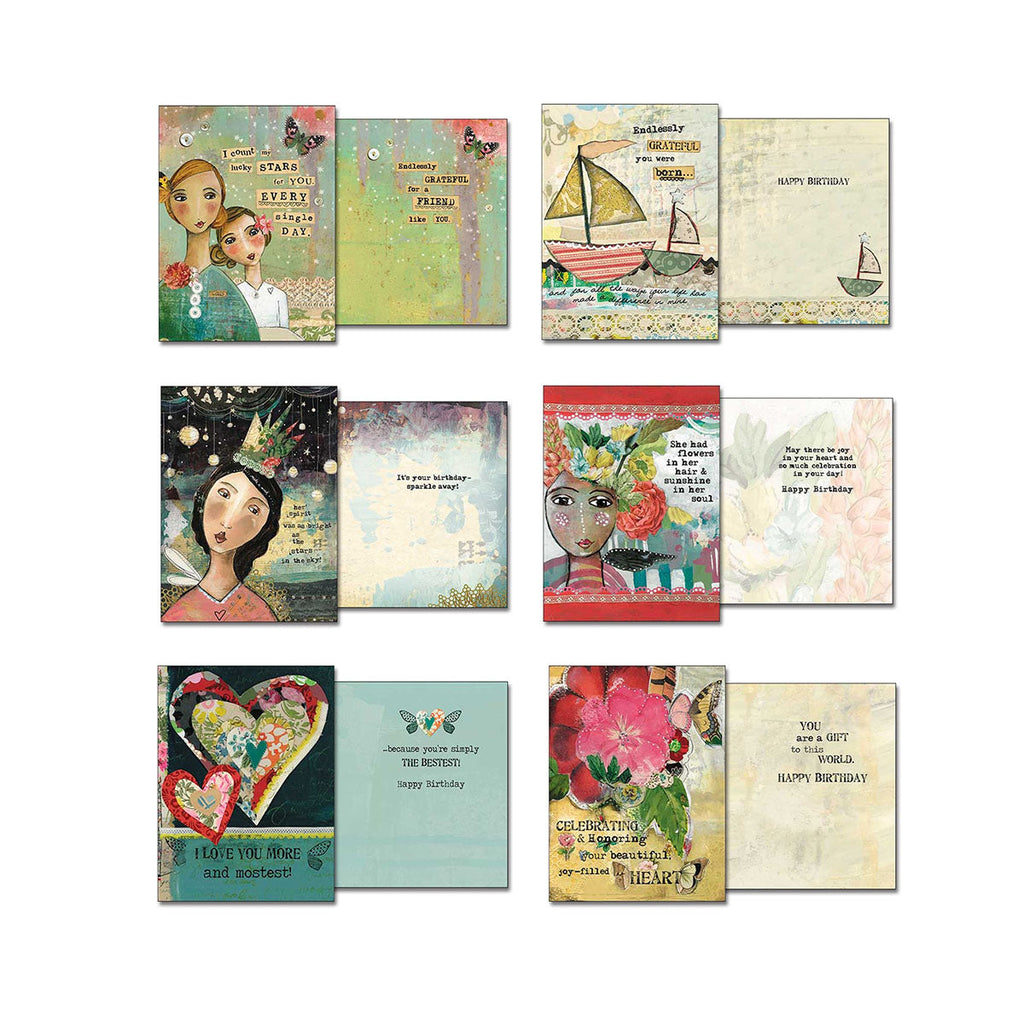 Grid displaying eight distinct Kelly Rae Roberts greeting card designs from the assortment, showing both front and inside artwork. Themes include friendship, birthday celebrations, and expressions of love, all with characteristic whimsical illustrations.