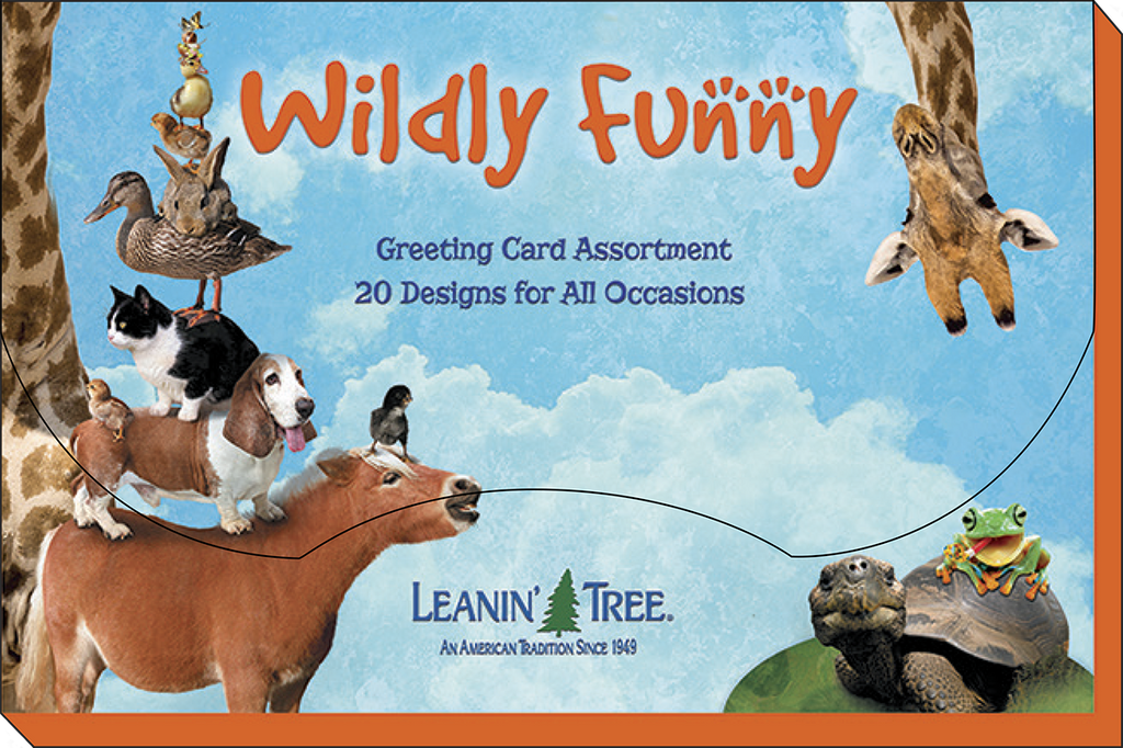 Close-up of the 'Wildly Funny' Leanin' Tree greeting card assortment box cover, featuring a whimsical stack of various animals like a horse, dog, cat, duck, and turtle with smaller critters.